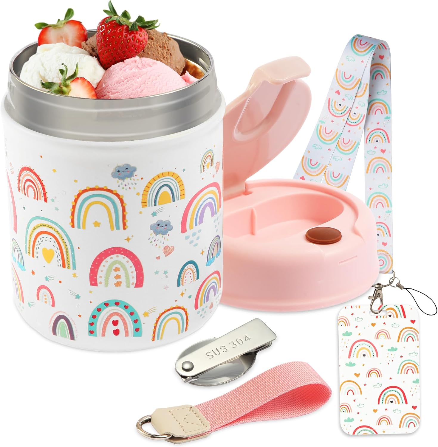 16oz Small Thermo for Hot Food Kids & Lanyard Card Holder Set-Lunch Thermo Kids Food Jar with Spoon Hot Insulated Food Containers,Leak Proof Stainless Steel Wide Mouth Soup Thermo
