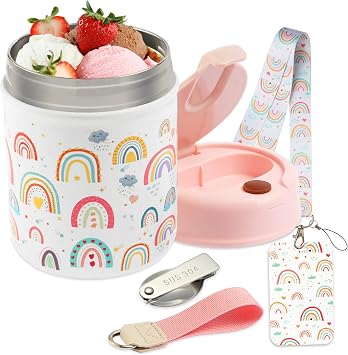 16oz Small Thermo for Hot Food Kids & Lanyard Card Holder Set-Lunch Thermo Kids Food Jar with Spoon Hot Insulated Food Containers,Leak Proof Stainless Steel Wide Mouth Soup Thermo