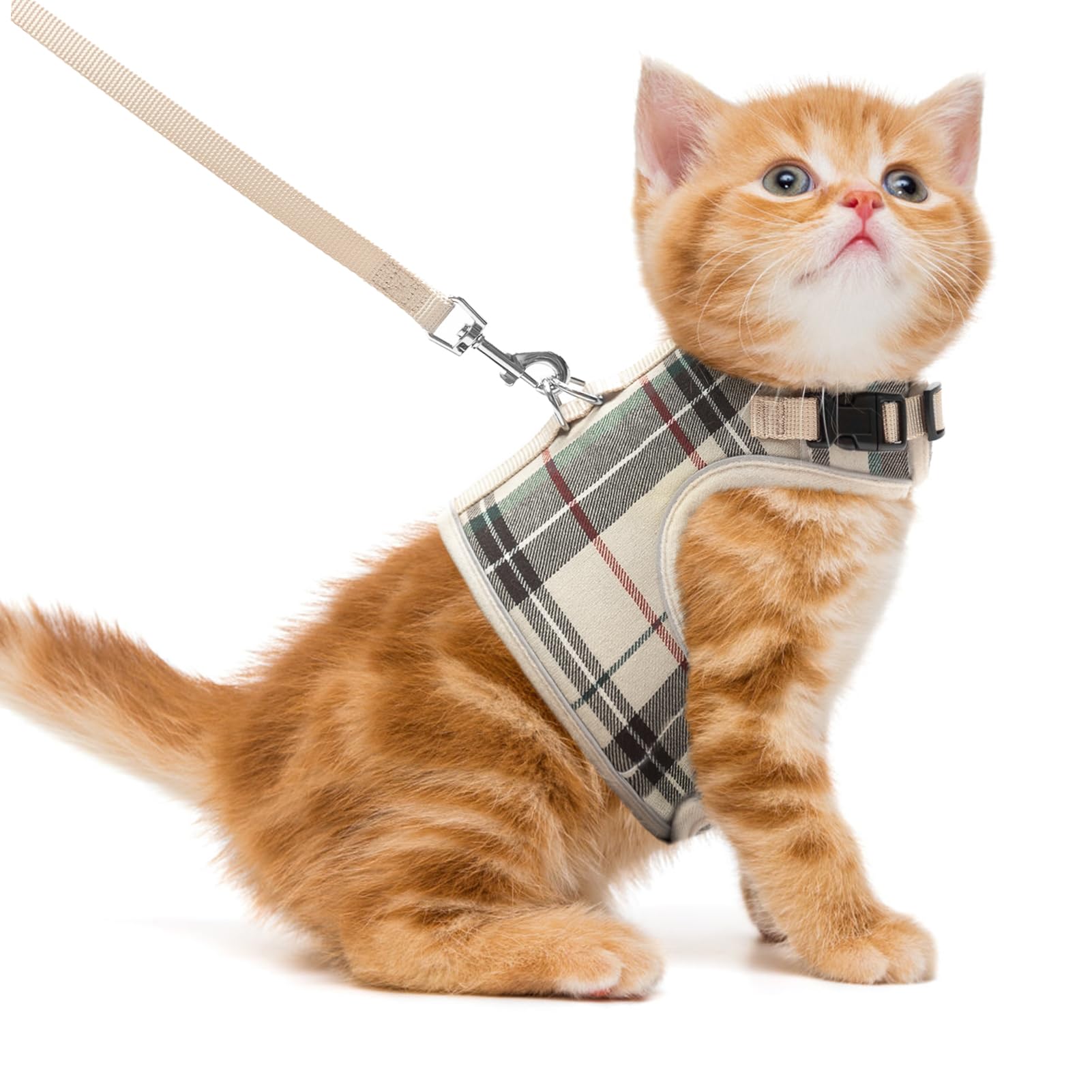 PUPTECK Soft Mesh Cat Vest Harness and Leash Set in Beige Plaid