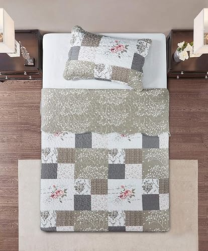 Miniatura 29 de Brilliant Sunshine Juego de edredón de 3 piezas con 2 fundas de almohada, colcha reversible suave y ligera, para todas las estaciones, Gris