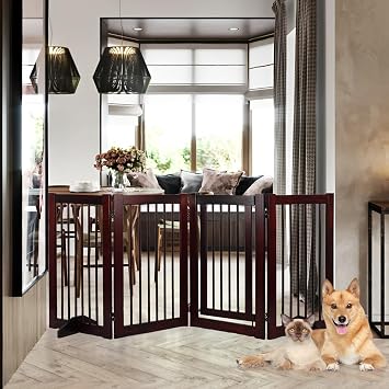 Wooden Freestanding Pet Gate, Pet Gate for Dogs, 29.5inch 4-Panel Wooden Dog Fence with 2 Support, Feet Folding Dog Gate for Indoor, Doorway, Stairs, Kitchen, 81.5L30H Brown