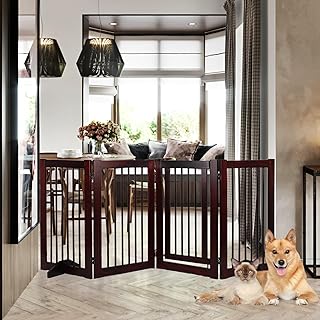 Wooden Freestanding Pet Gate, Pet Gate for Dogs, 29.5inch 4-Panel Wooden Dog Fence with 2 Support, Feet Folding Dog Gate for Indoor, Doorway, Stairs, Kitchen, 81.5“L×30”H (Brown)