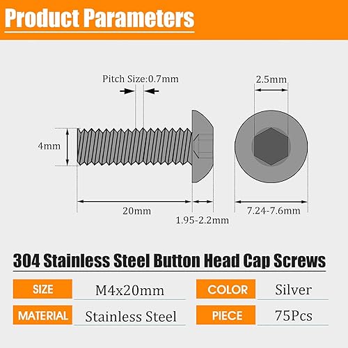 Miniatura 2 de Tornillo de cabeza de botón M4-0.028x0.787 in, tornillos M4 de 0.028 x 0.787 in, tornillos métricos, tornillos Allen hexagonales, acero inoxidable,
