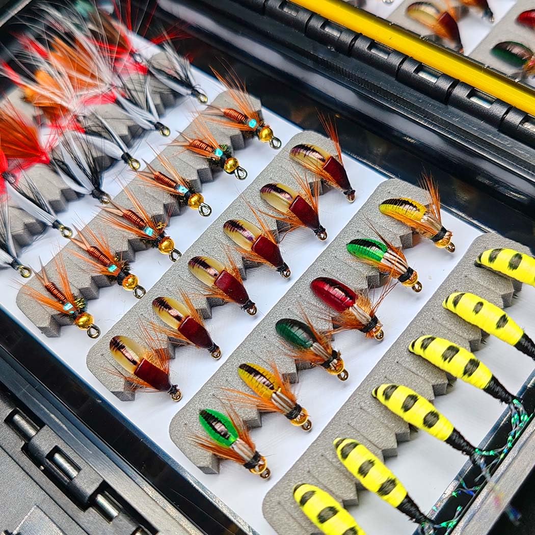 24-100 pièces appâts Faits à la Main,artificiels de pêche à la Mouche avec des Mouches sèches/humides appâts La Truite Pêche avec boîte Ensemble
