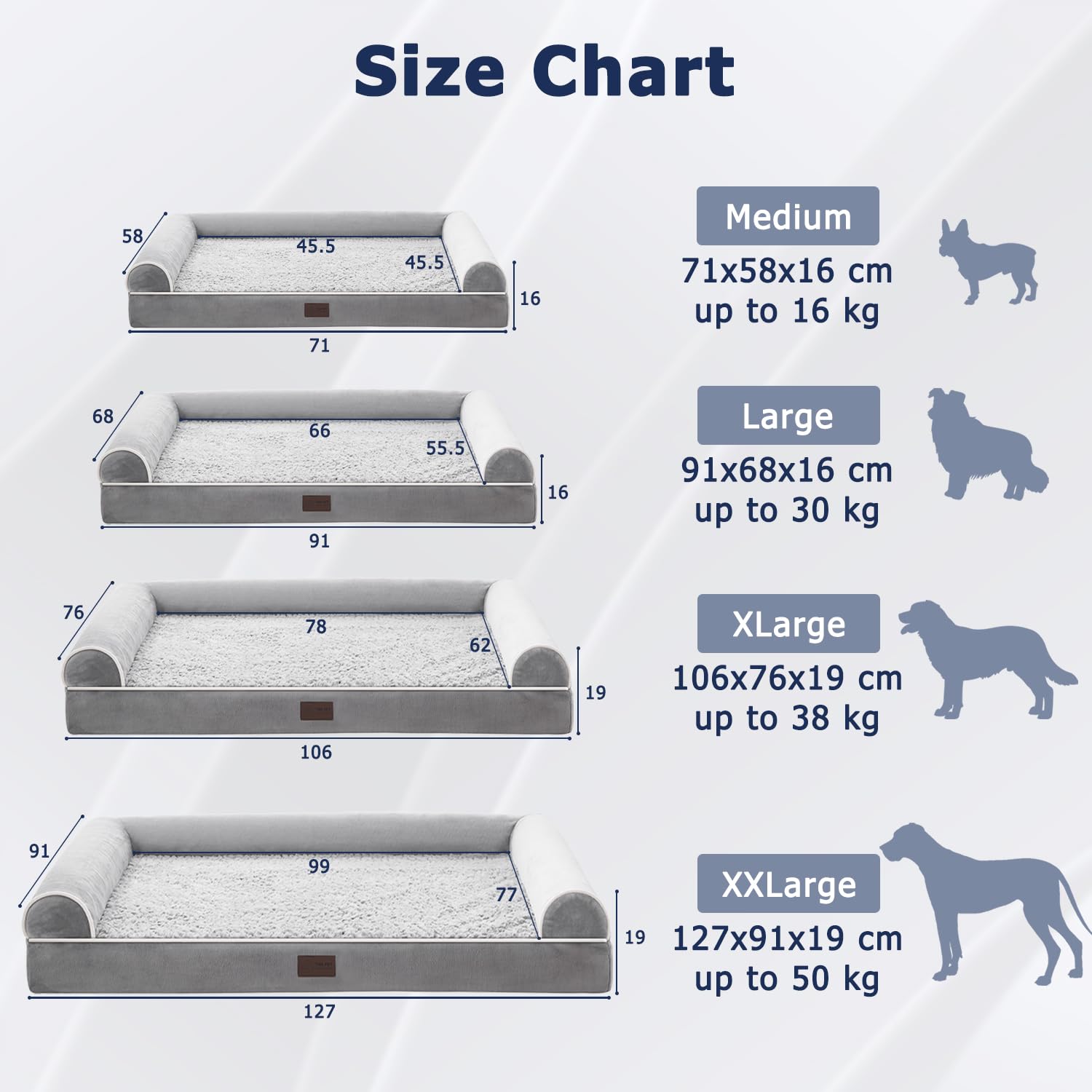 WESTERN HOME Camas para Perros Grandes, Lavables, Suaves, ortopédicas con Funda extraíble Lavable, Cama Impermeable Extragrande para Perros con Refuerzo en Forma de U, Gris, 71 x 58 x 16,5 cm