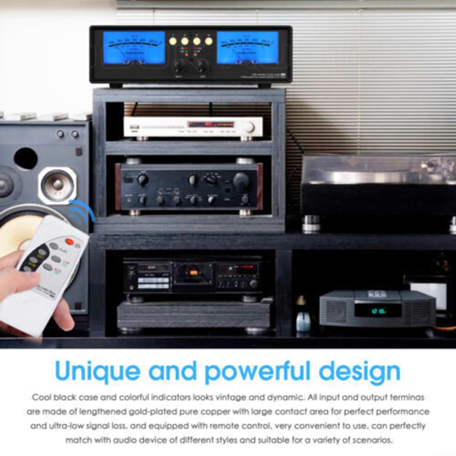 Caja de conmutación de audio analógica de doble medidor VU de 4 vías para divisor RCA con control remoto, modo de ganancia DB para estudio en casa, oficina en casa, metal negro de 11