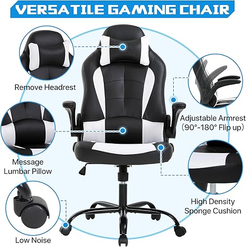 Miniatura 6 de Silla ergonómica para juegos de PC, silla de oficina para computadora con reposabrazos, reposacabezas y soporte lumbar, piel sintética, respaldo