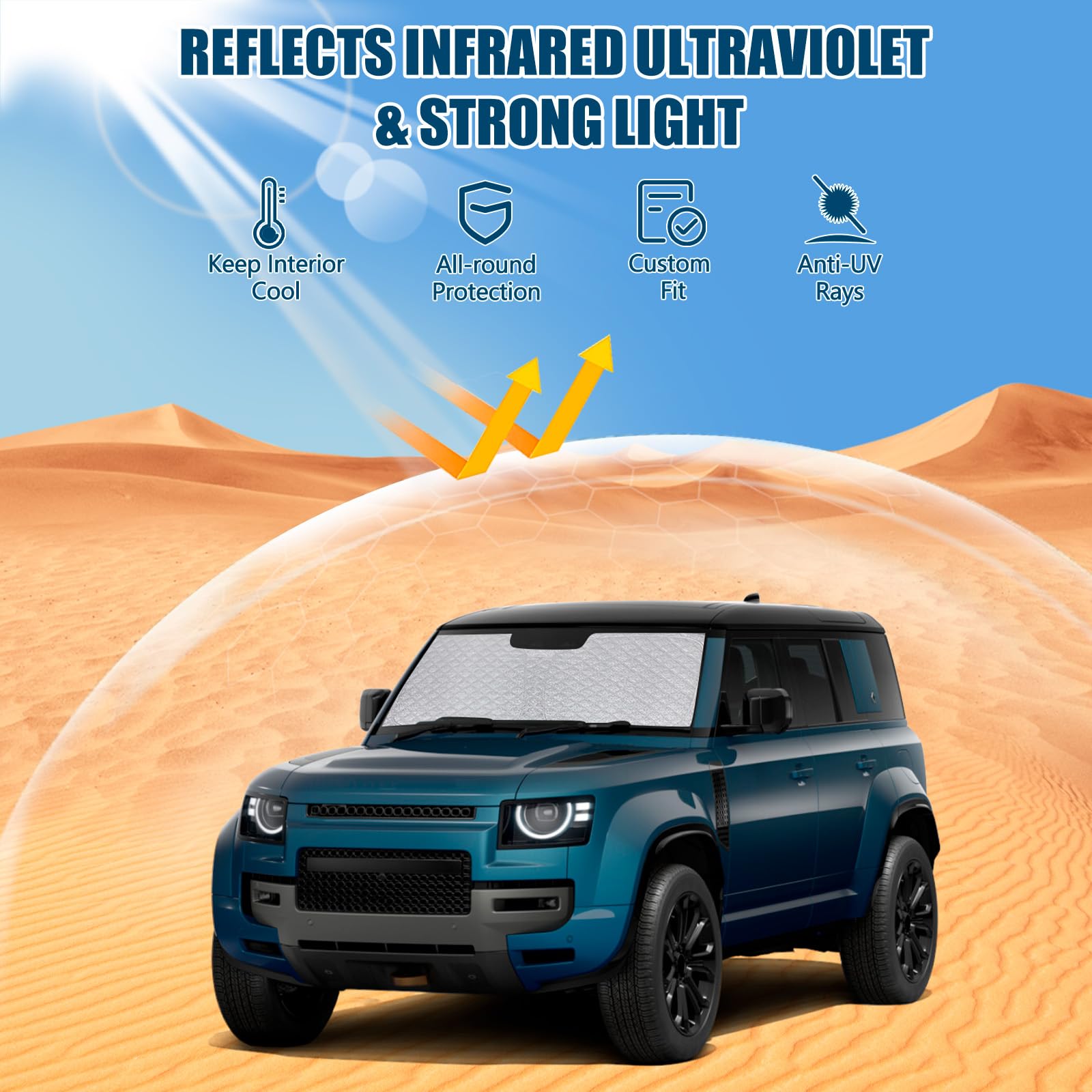 Parasol de Ventana Delantera Compatible con Range Rover Defender 2020-2026, Parasol para Parabrisas de Coche en el Interior Plegable, Protección UV Reflectante