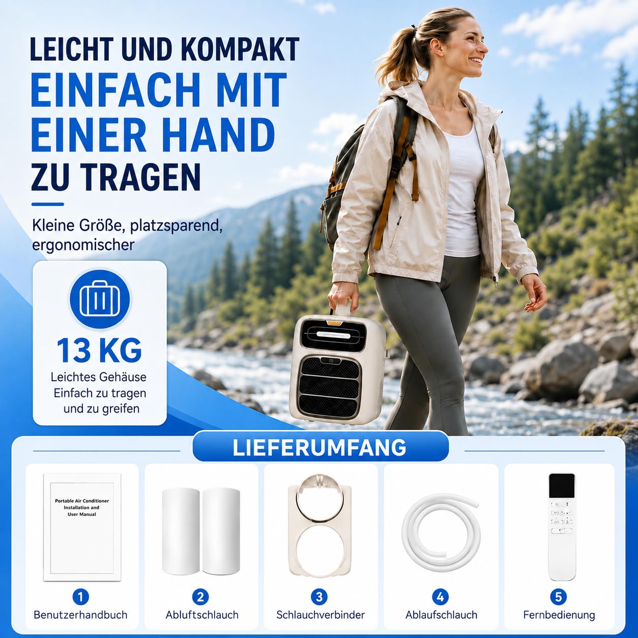 Mobile Klimaanlage für Schlafzimmer und Büro,220V (Cold) | 1400W Kühlleistung, 420W Eingangsleistung, 45 dB Leise, 1-12H Timer