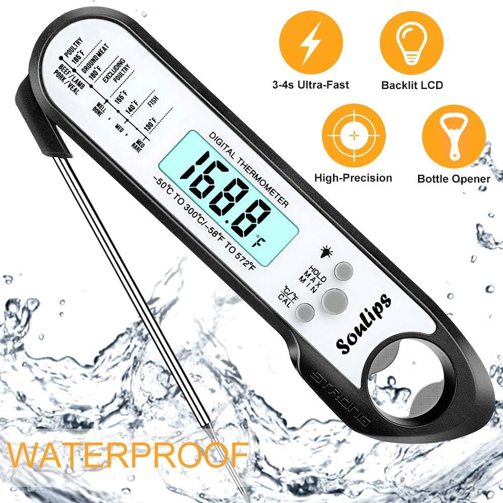 🛒 Crаzу Dеаlѕ SouLips Digital Meat Thermometer, Instant Read Waterproof Food Thermometer with Big Back-light Calibration Bottle Opener Magnetic Portable for Kitchen Outdoor BBQ Cooking Grill Smoker Oil, Black/White