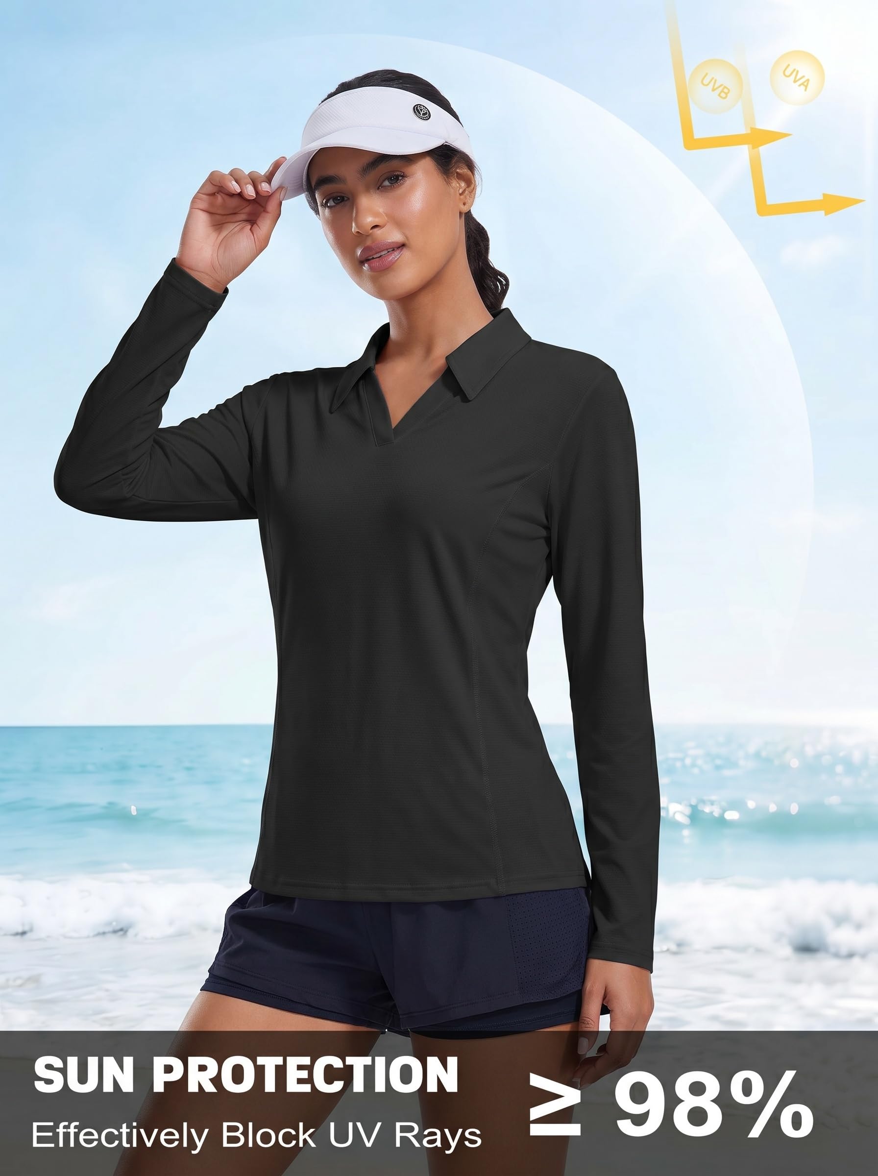 PINSPARK Sportowa koszulka damska z długim rękawem, dekolt w serek, kołnierz polo, UPF 50+, sportowy T-shirt, oddychający, do biegania, na siłownię, jogę