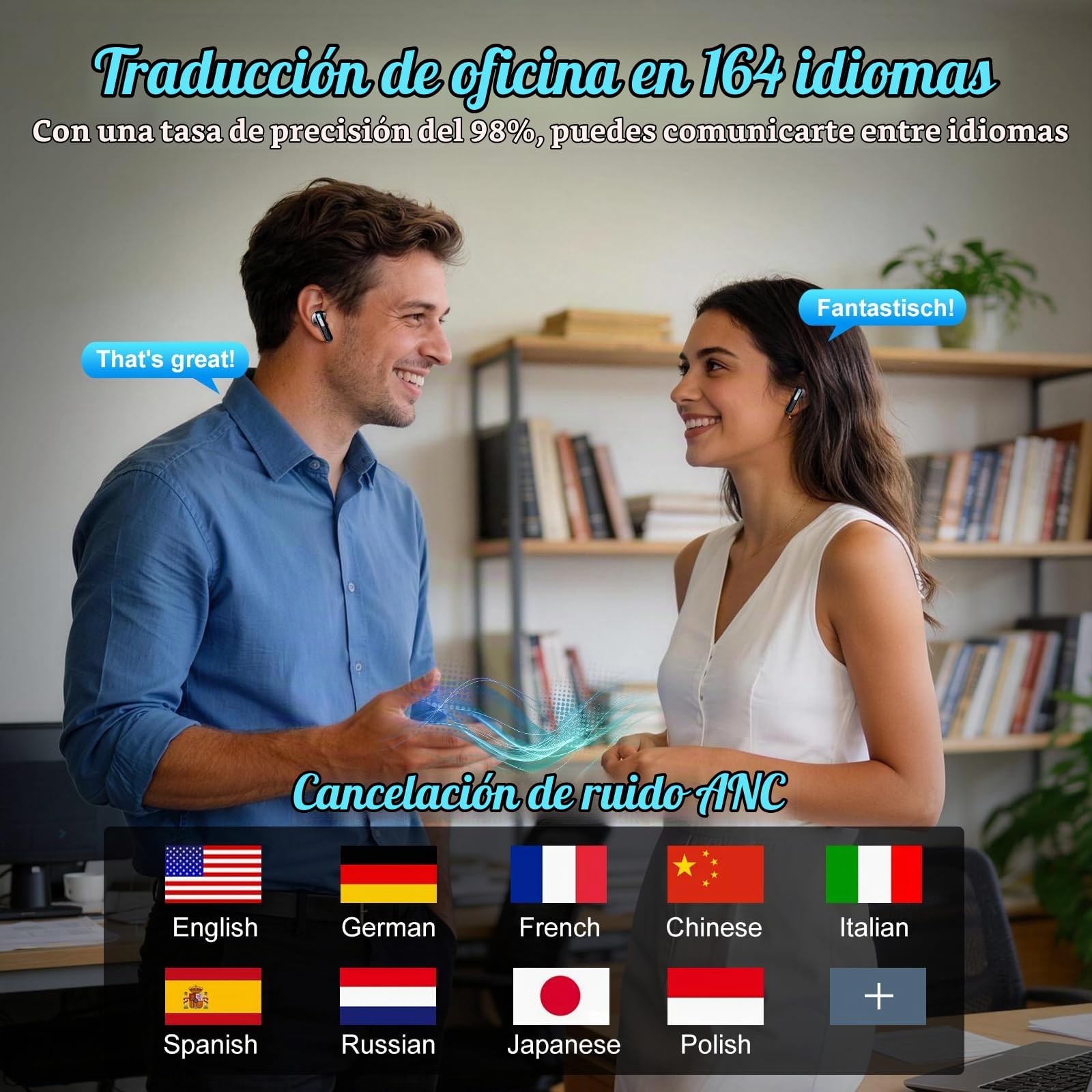 AI Auriculares Traductor en Tiempo Real con Pantalla Táctil LED, 3 en 1 Auriculares Traductores de Idiomas, 6 Modos Traducción con 164 Idiomas, Reducción de Ruido ANC+ENC, 5 Modos EQ, 48H, Negro
