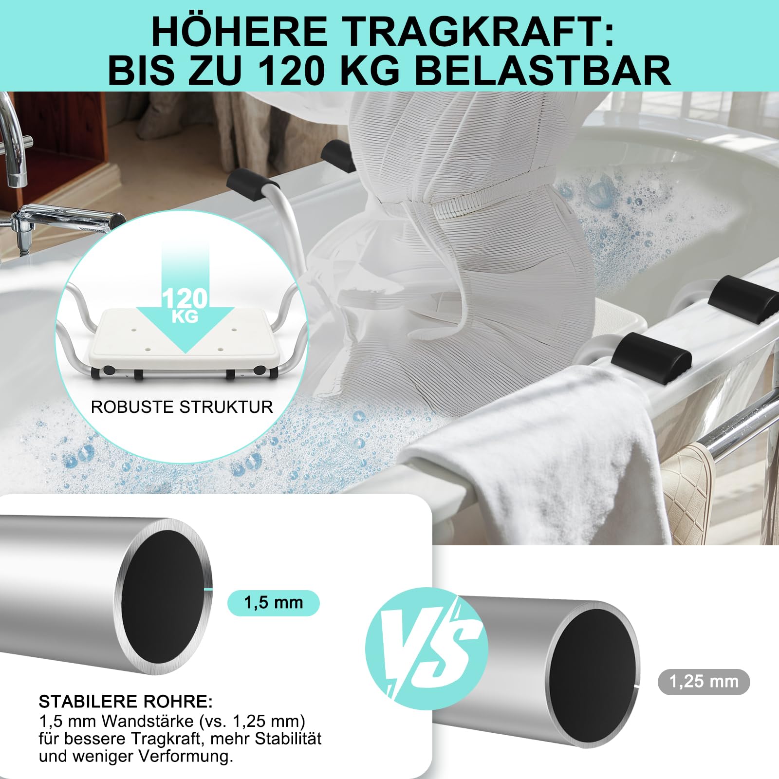 Sedile per vasca da bagno per anziani, testa antiscivolo, per doccia, vasca da bagno, piedini semicerchi in gomma con superficie antiscivolo, in alluminio, portata fino a 120 kg, colore nero