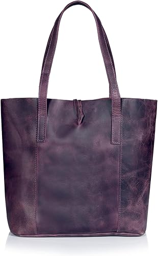 Miniatura 4 de Bolso tote de cuero genuino para mujer - Bolso clásico morado, bolso de hombro y portátil