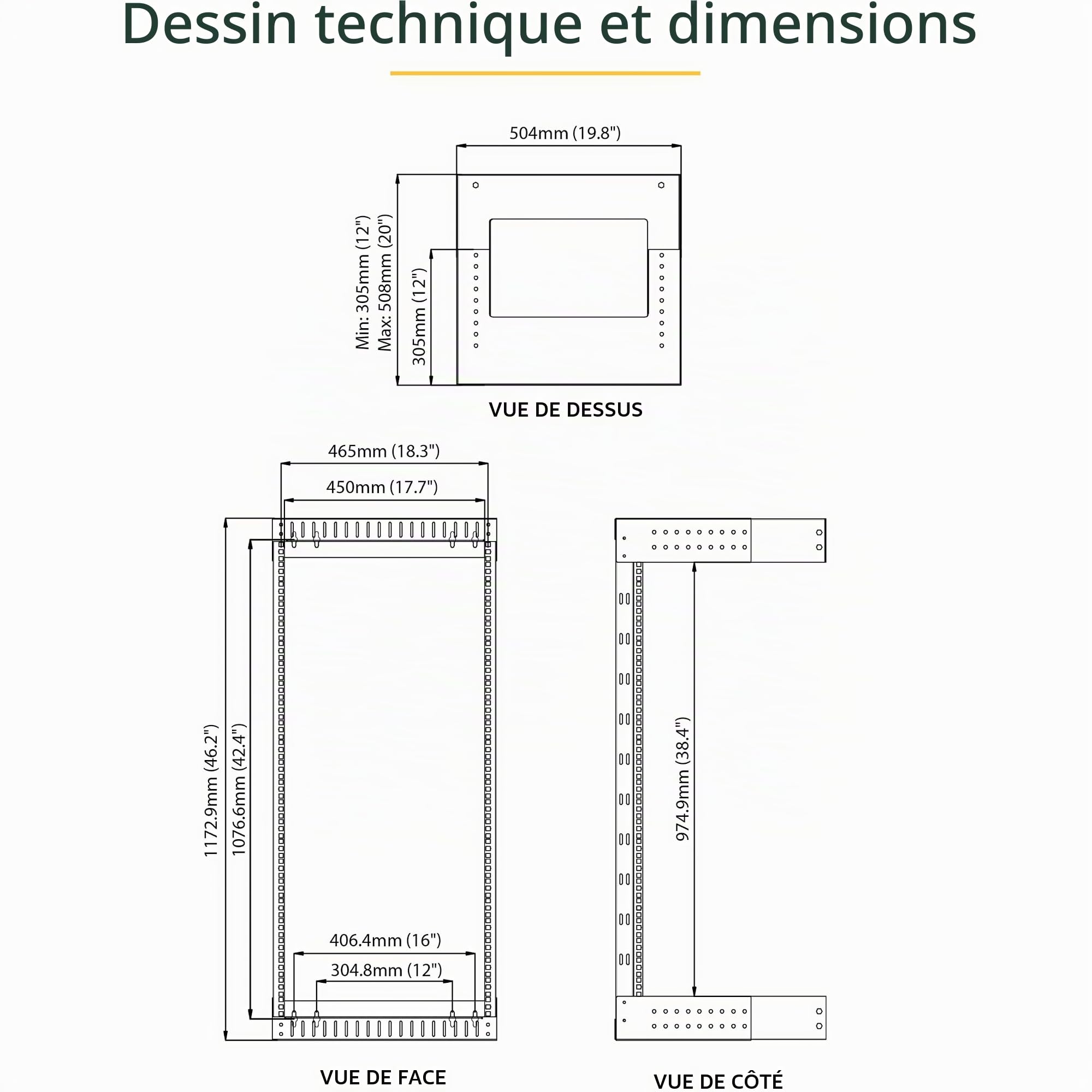 StarTech Rack Mural 24U 2 Montants 19", Ajustable (RACK-24U-20-WALL-OA) | Cadre ouvert, Rack réseau serveur, Rack de données, IT/AV, Panneau de brassage, Vis incluses