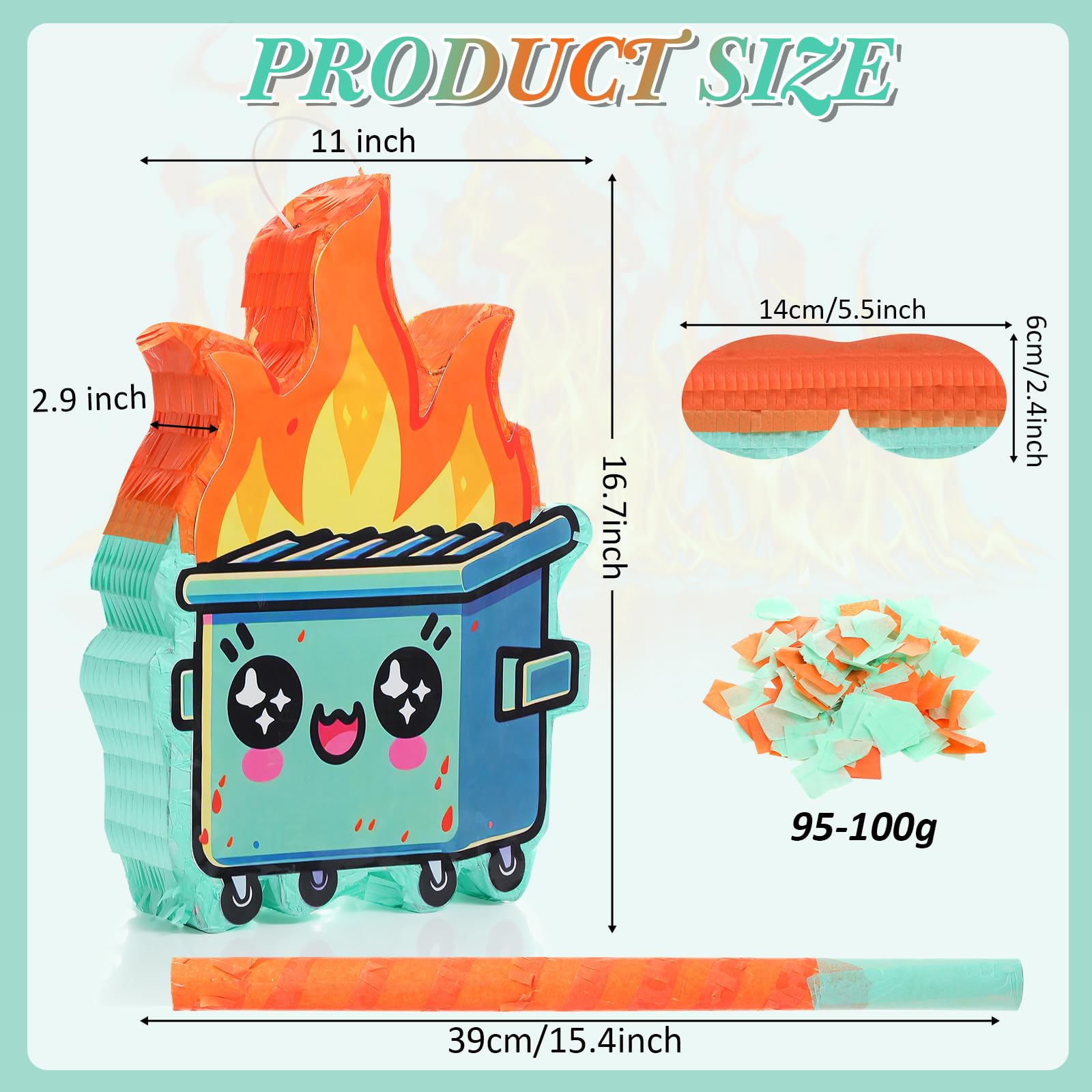 Sonwyoung Dumpster on Fire Piñata for Kids Birthday Party 15.7 x 11 Inches Green Piñata with Bat Blindfold and Confetti for Baby Shower Photo Props Cinco De Mayo Fiesta Decoration