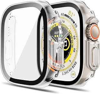 جراب صلب من البولي كربونات زجاج مقوى مقاوم للخدش بدرجة صلابة 9 اتش حساس لمس مضاد للصدمات متوافق مع ساعة ابل اي ووتش الترا 49 ملم ال كيه عبوتين شفاف