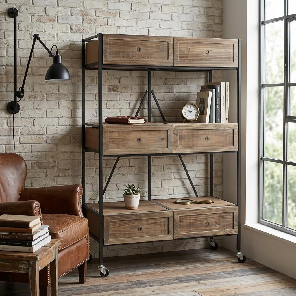 DiKasa Scaffale Industriale in Ferro e Legno con 6 Cassetti e Ruote, Mobile Contenitore per Soggiorno Cucina Studio, Struttura Nera e Cassetti Marrone Scuro 74x37x112 cm