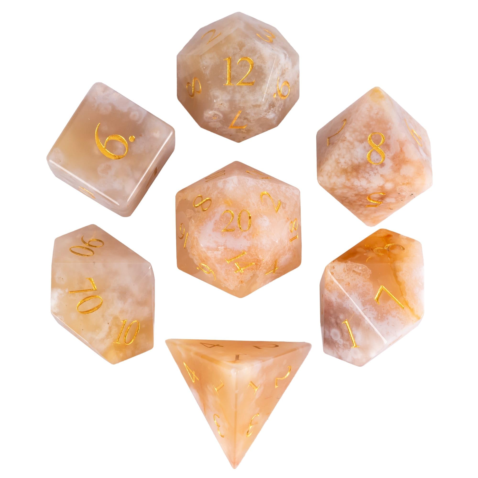 UDIXI 7PCS Stone DND Dice Set, Natural Gemstone Dice Set with Leather Gift Box for D&D Role Playing Games and Tabletop Games(Sakura Agate)
