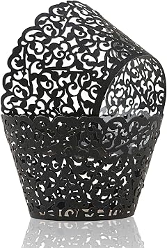 KPOSIYA Pack of 120 Cupcake Wrappers Artistic Bake Cake Paper Cups Vine Designed Laser Cut Cupcake Wraps Baking Cup Muffin Case Trays for Wedding Baby Shower Party Birthday Decoration 120, Black
