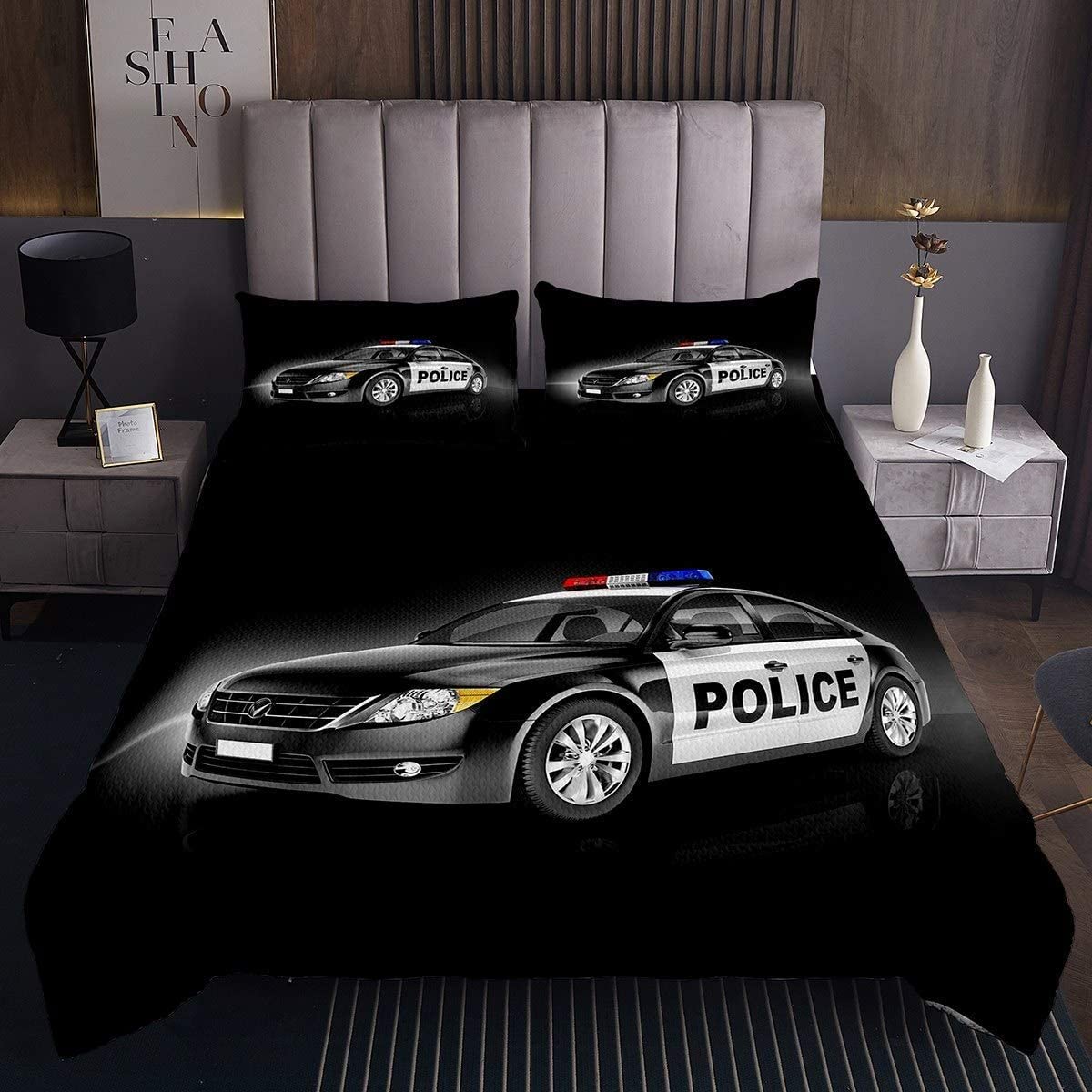 Funda Nordica Cama 150 Coche De PolicíA Negro Nordico Cama 150 para Niños Adultos con Cremallera cómodo y Transpirable Microfibra Fundas Nordicas 220x240 cm + 2 Fundas de Almohada 50x80 cm
