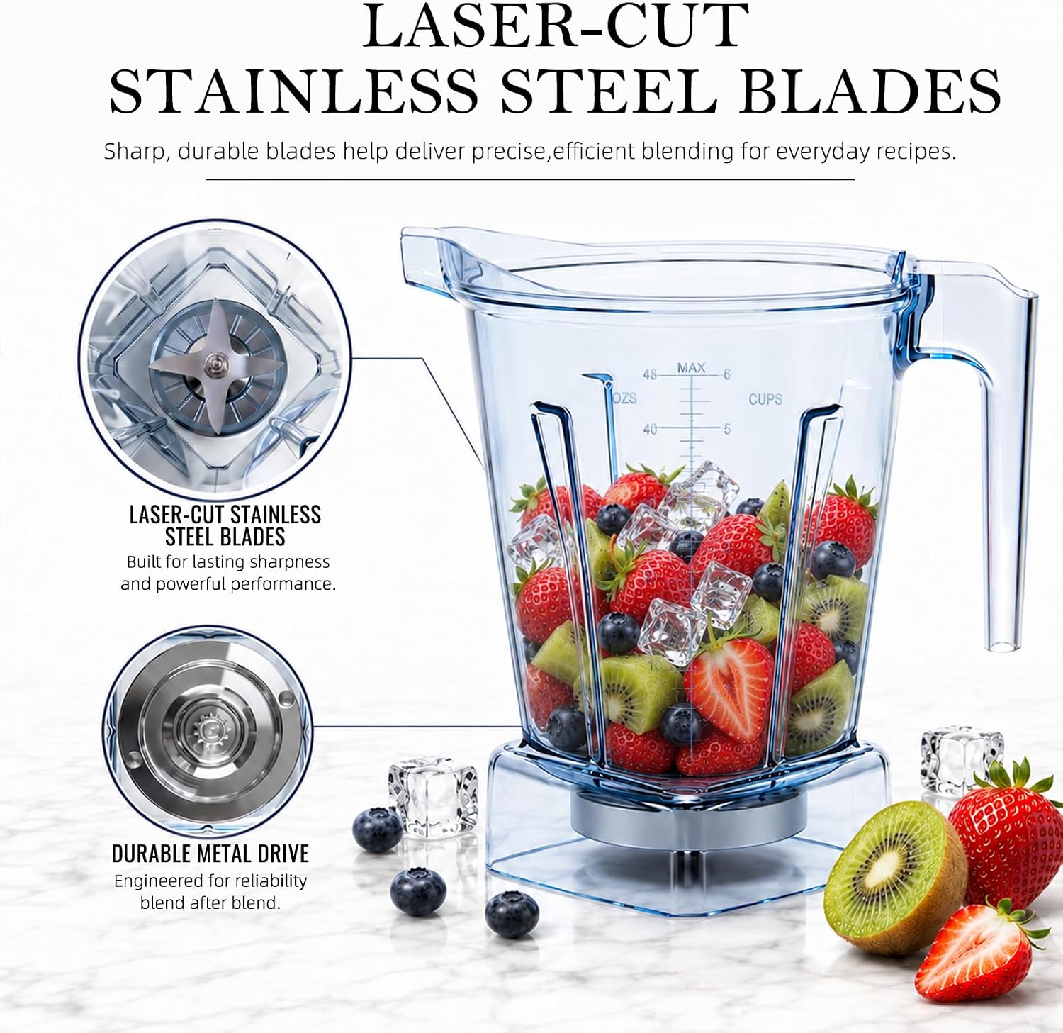 48oz Low Profile Blender Pitcher Compatible with Vitamix 5200 5300 750 7500 5000 6300 E310 E320, Replacement Container with Upgraded Stainless Steel Blades, Fits Classic & Explorian Series