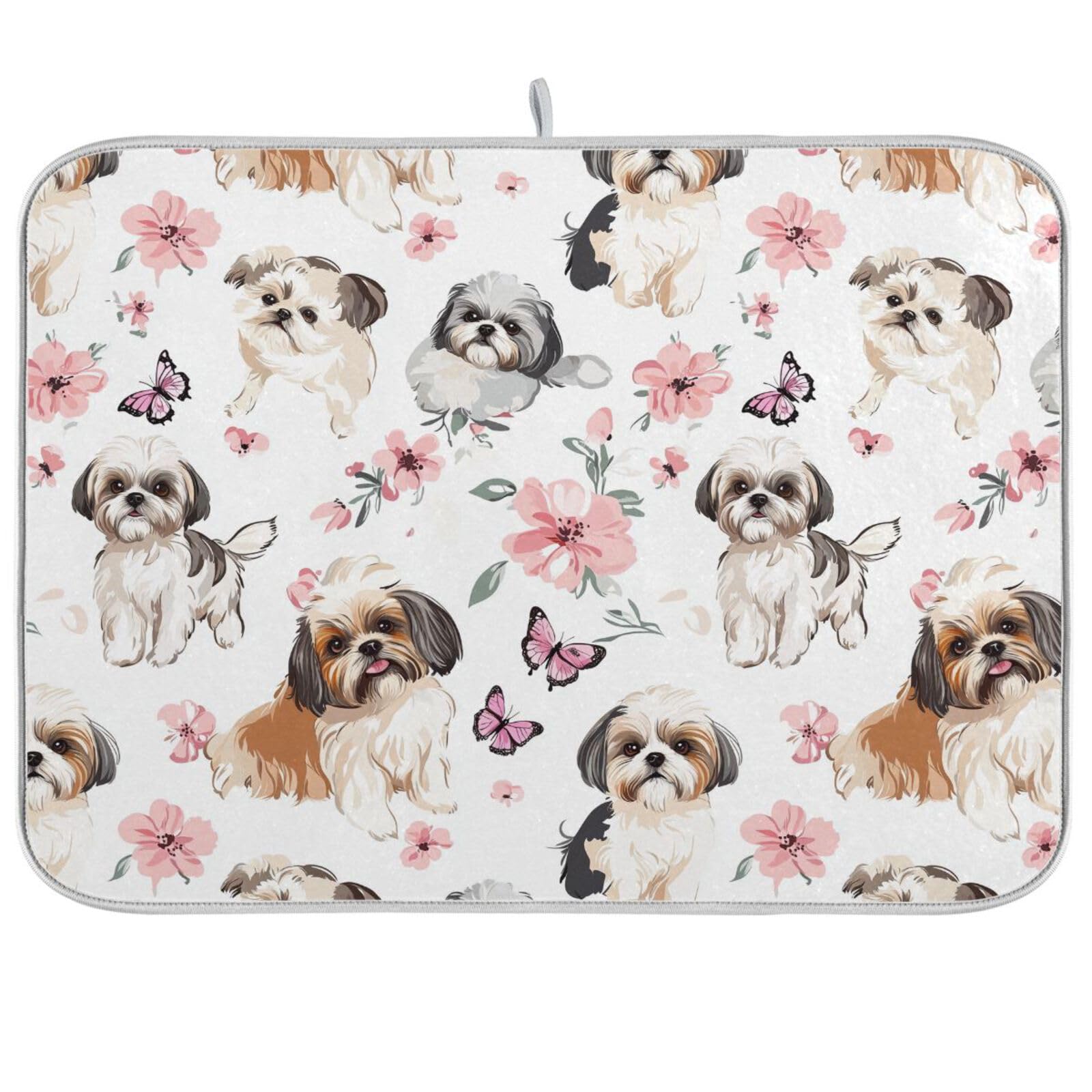 Aesthetic Shih Tzu Dogs Pink Dish Mat Kitchen Mat For Counter Countertop Dish Mat Dish Dryer Mat Kitchen 18 x 24