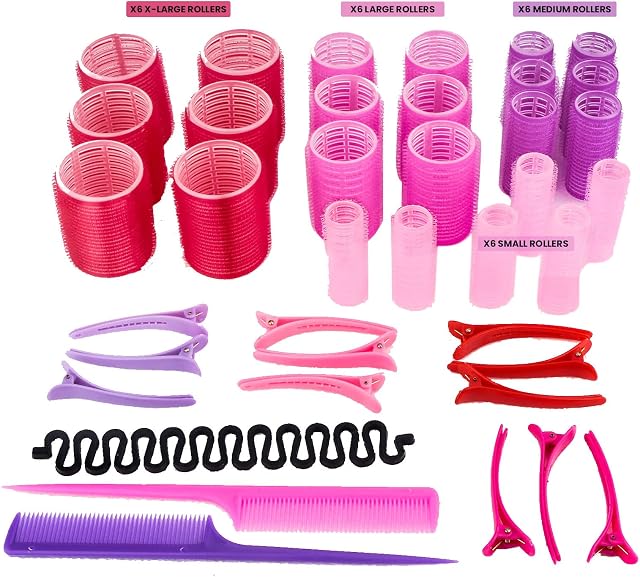 SnookBay 39 Pcs Hair Rollers Set - 24 Heatless Self Grip Velcro Curlers, 12 Duckbill Clips, 2 Combs,1 Braiding Device with Storage Bag (Rollers: 15mm,25mm,36mm,48mm)