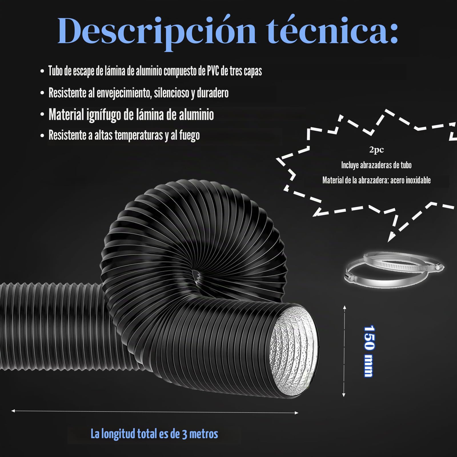 Tubo Aire Acondicionado Portatil, Flexible Manguera Ventilación 150 mm, 300 cm Manguera Escape Aluminio, PVC Conductos Ventilación para Extractores, Climatizadores, Secadoras, Campanas, Negro