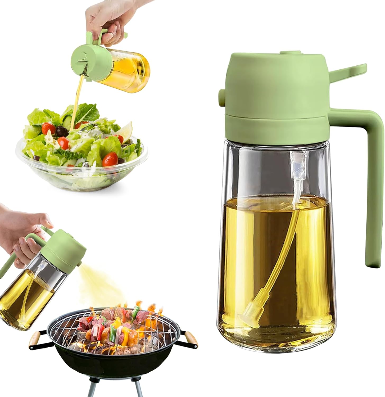 Haiaoxonr Olive Oil Sprayer for Cooking,2 in 1 Oil Dispenser,16oz/470ml Glass,for Kitchen Gadgets,Upgraded Spray for Better Results,Food Grade Premium Spray Bottle for Salad,Frying,BBQ (Green,2PCS)