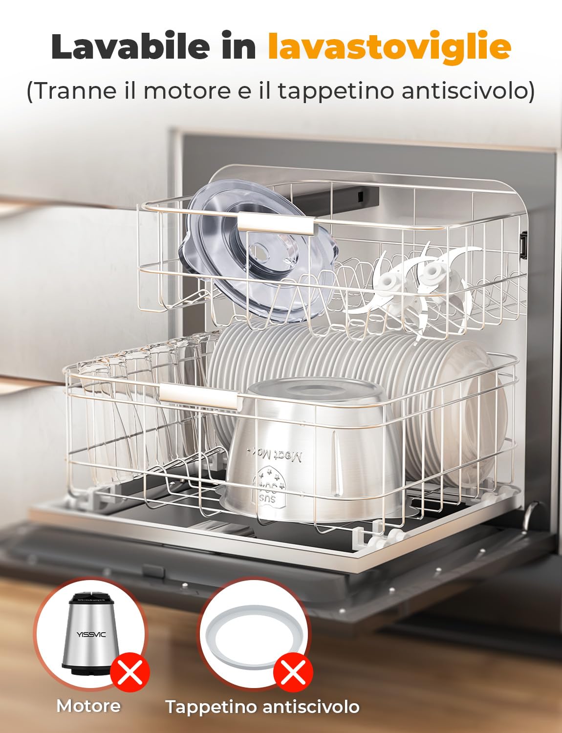 YISSVIC Tritatutto da Cucina Elettrico 2L, 500W, 2 Velocità, 2×4 Lame, Ciotola in Acciaio Inox, Anello Antiscivolo, Lavabile in Lavastoviglie, per Frutta Verdura Carne Spezie