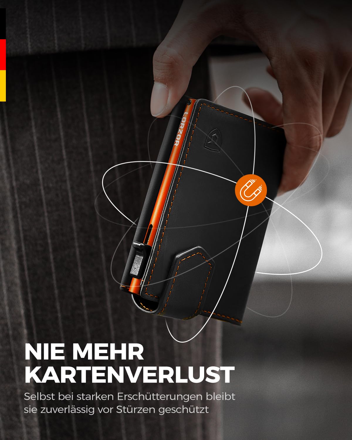 LORZOR Kartenetui mit Magnetischer Verschluss, Slim Wallet mit Münzfach, Geldbörse Herren RFID Schutz, Portmonee Herren Portemonnaie für 10 Karten, Smart Wallet, Geldbeutel (Orange)