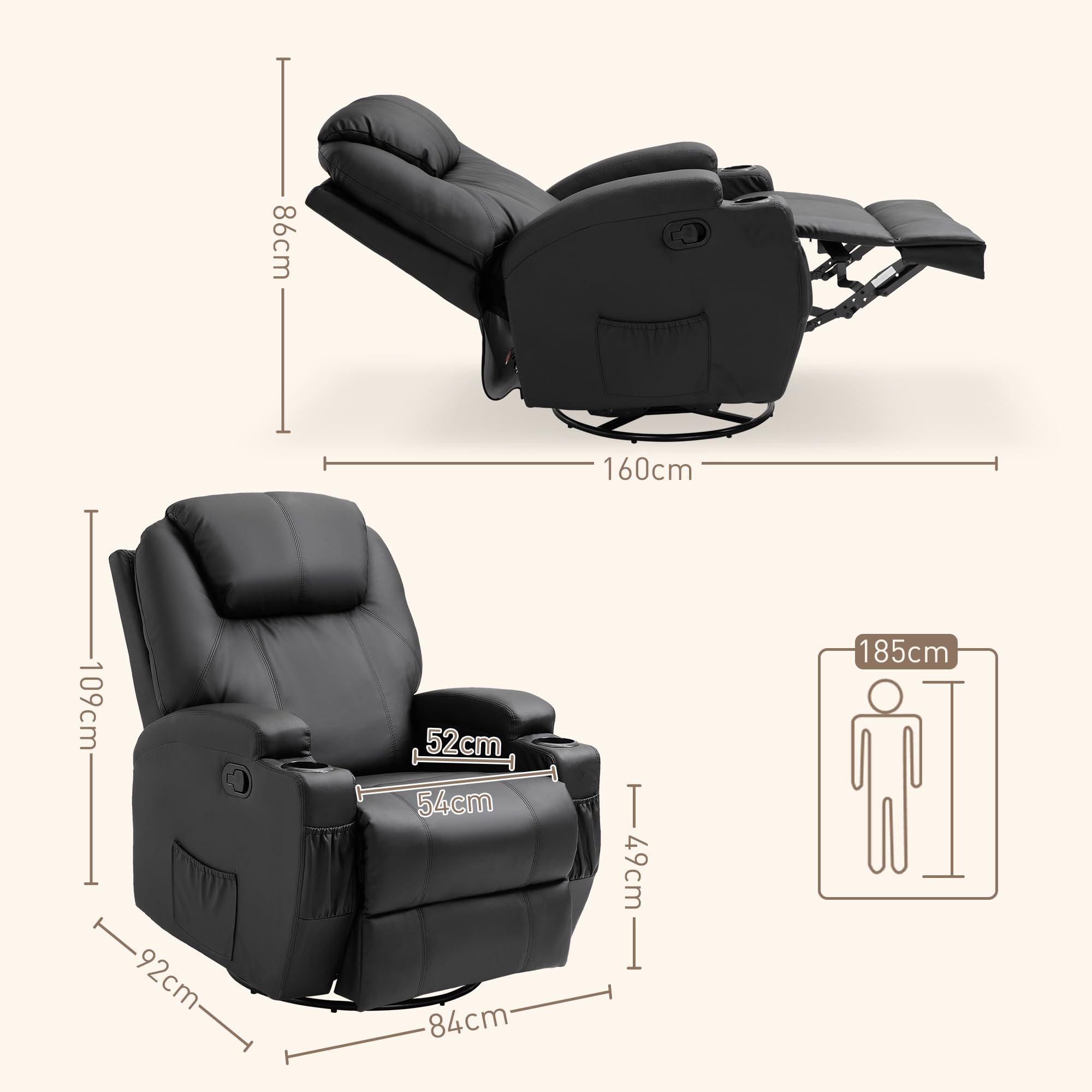 HOMCOM Poltrona Massaggiante Reclinabile Manuale, Poltrona Relax Elettrica Girevole con 2 Portabicchieri, Telecomando, Poggiapiedi e 4 Tasche Laterali, in Pelle PU, Legno e Acciaio, Nero