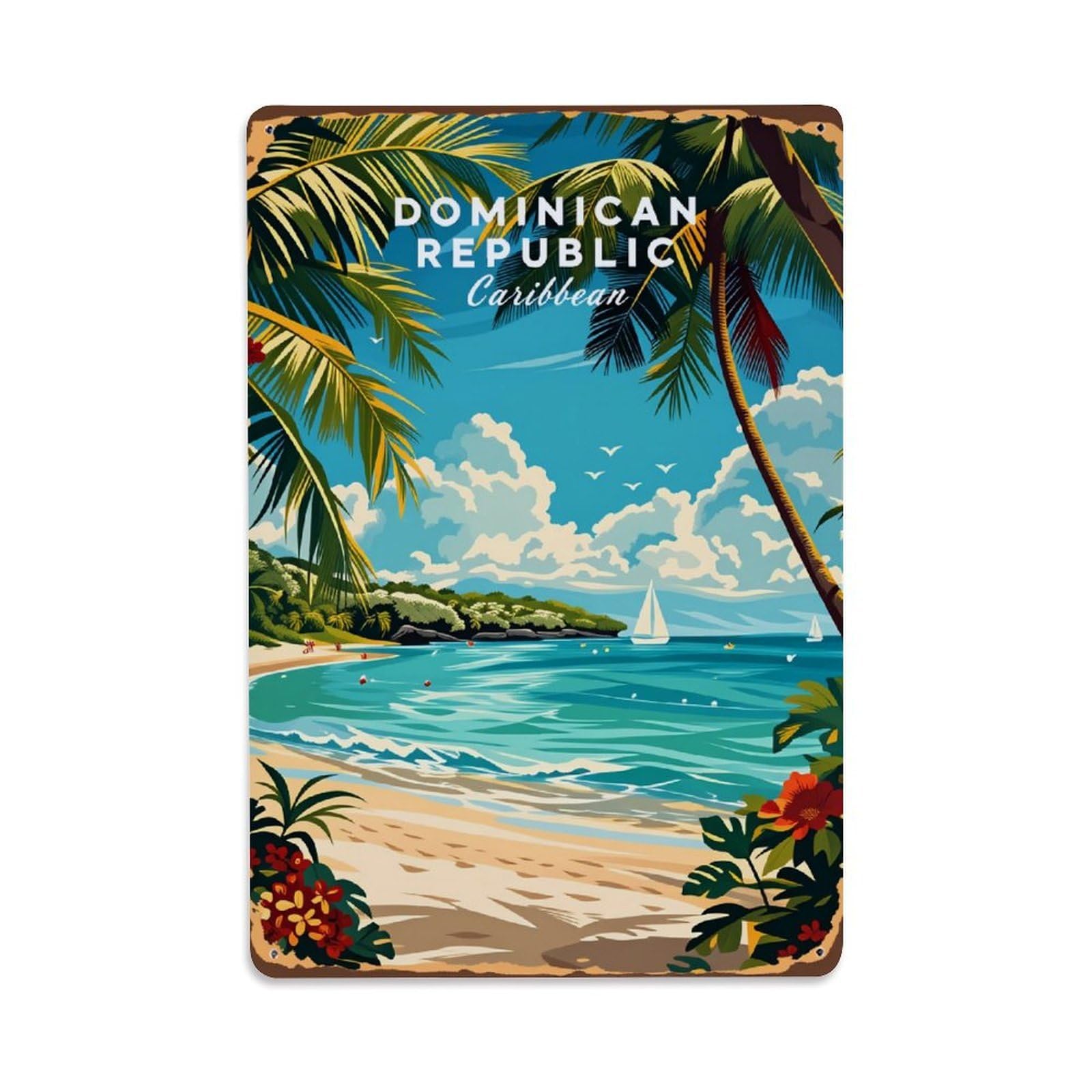 Lzwbntey Vintage Tropical Beach Palm Trees Sailboat Metal Tin Sign Retro Wall Decor For Home Bar Garage Cafe, Indoor & Outdoor Decorative Metal Poster, 8X12 Inch