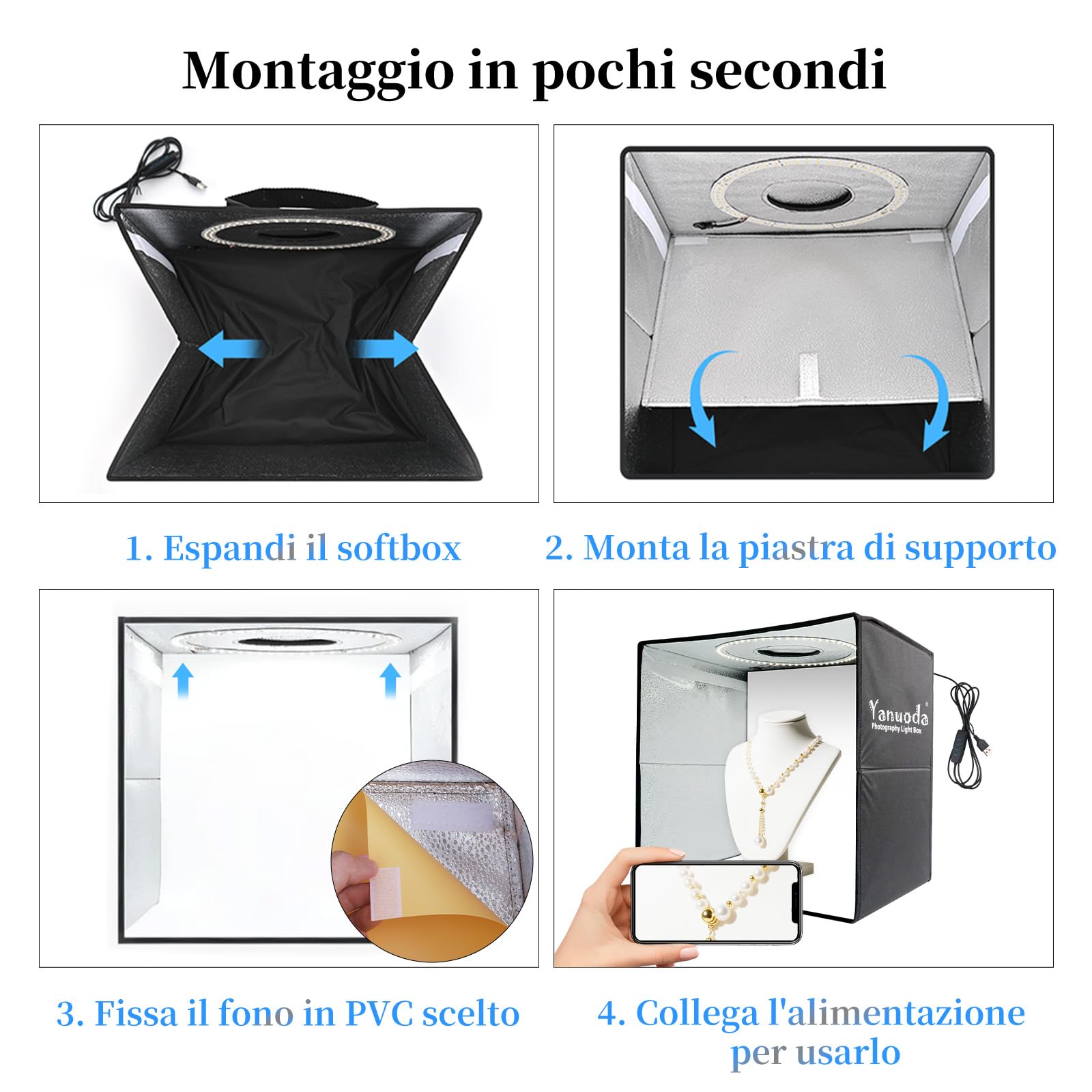 Yanuoda Scatola Luce Fotografica Portatile 30x30cm | 120 LED Regolabili (Luce Bianca/Fredda/Calda) | 6 Sfondi PVC | Tenda Superiore per Gioielli | Kit Studio Fotografico Professionale