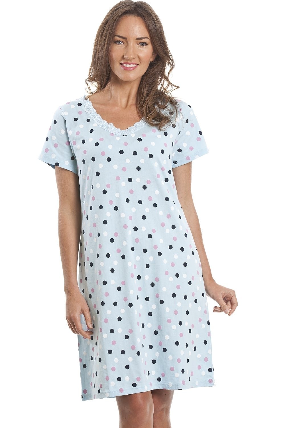 Camille Womens Smooth Soft Cotton Summer Nightshirts 18-20 Blue Polka Dot