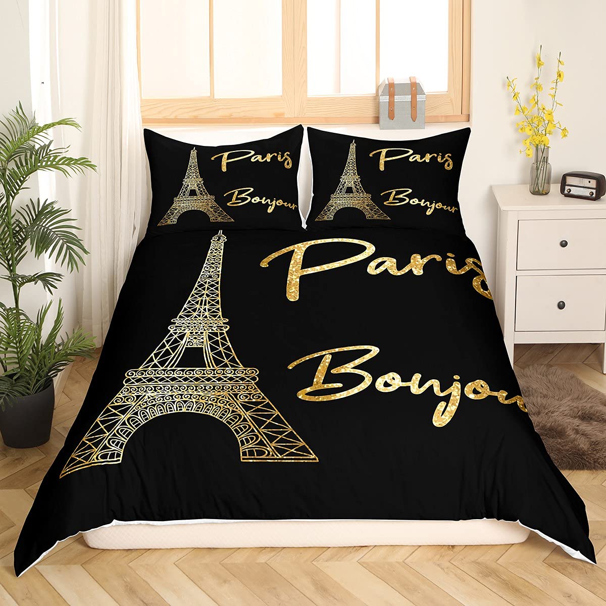 Eiffel Tower Duvet Cover Chic Paris Theme Bedding Set for Kids Boys Girls Paris Cityscape Comforter Cover Modern French Golden Black Decor Bedspread Cover Bedroom Collection 2Pcs Single Size — image 1