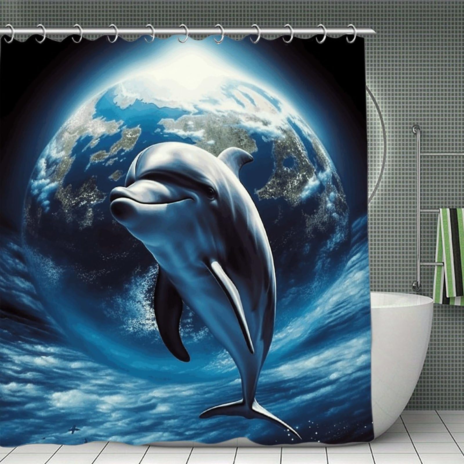 JTREHY Dolphin Earth Shower Curtain Waterproof Bathroom Shower Curtain Machine Washable Bath Curtains Polyester Cloth Bath Curtains for Bathroom Showers 70.8×70.8Inch