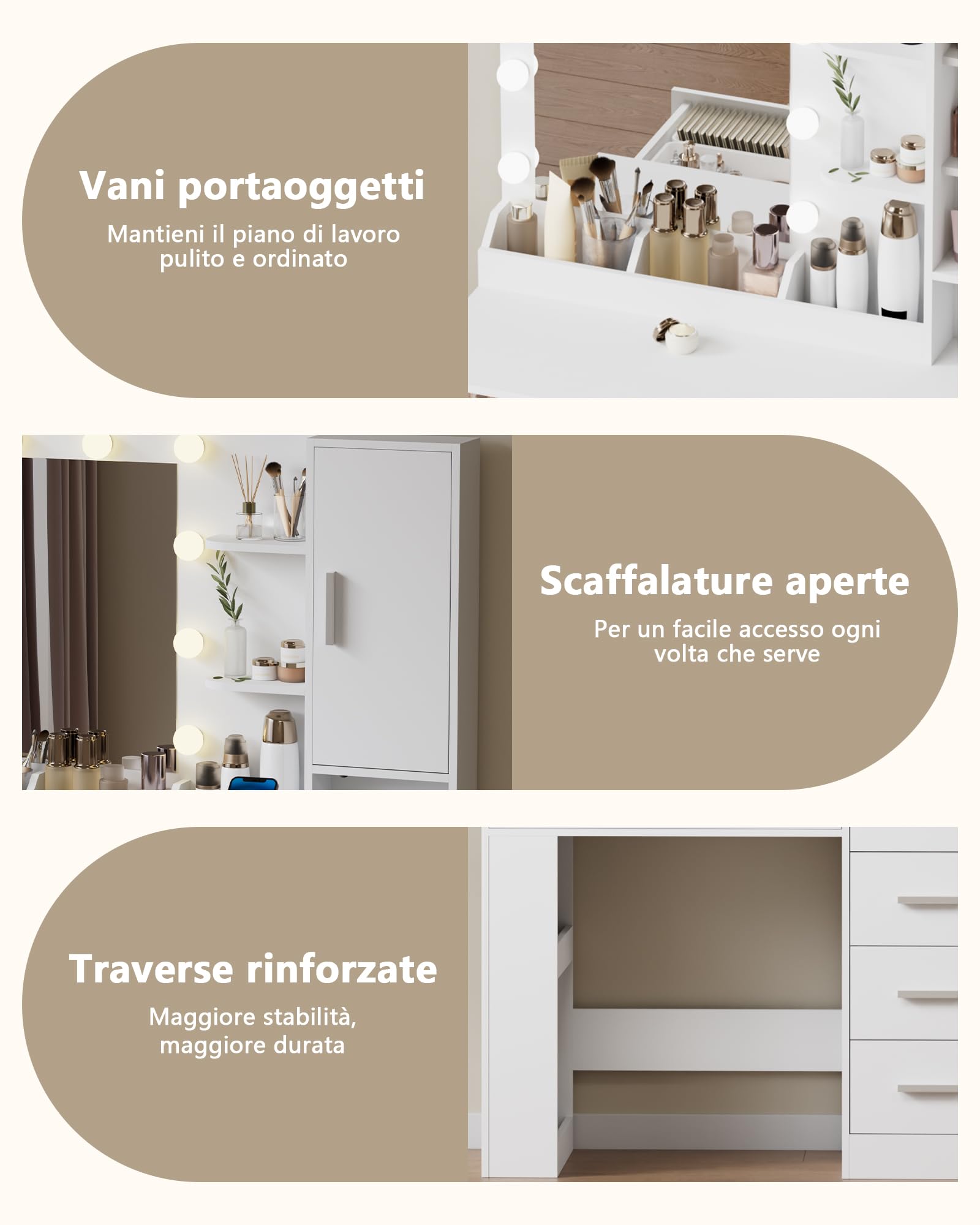 Toeletta con Specchio e Illuminazione, Tavolo da Trucco con Sgabello, Presa Elettrica e Porte USB, Toeletta con 5 Cassetti, Armadietto per Gioielli, Ripiani Aperti e Supporto per Asciugacapelli, Bianc