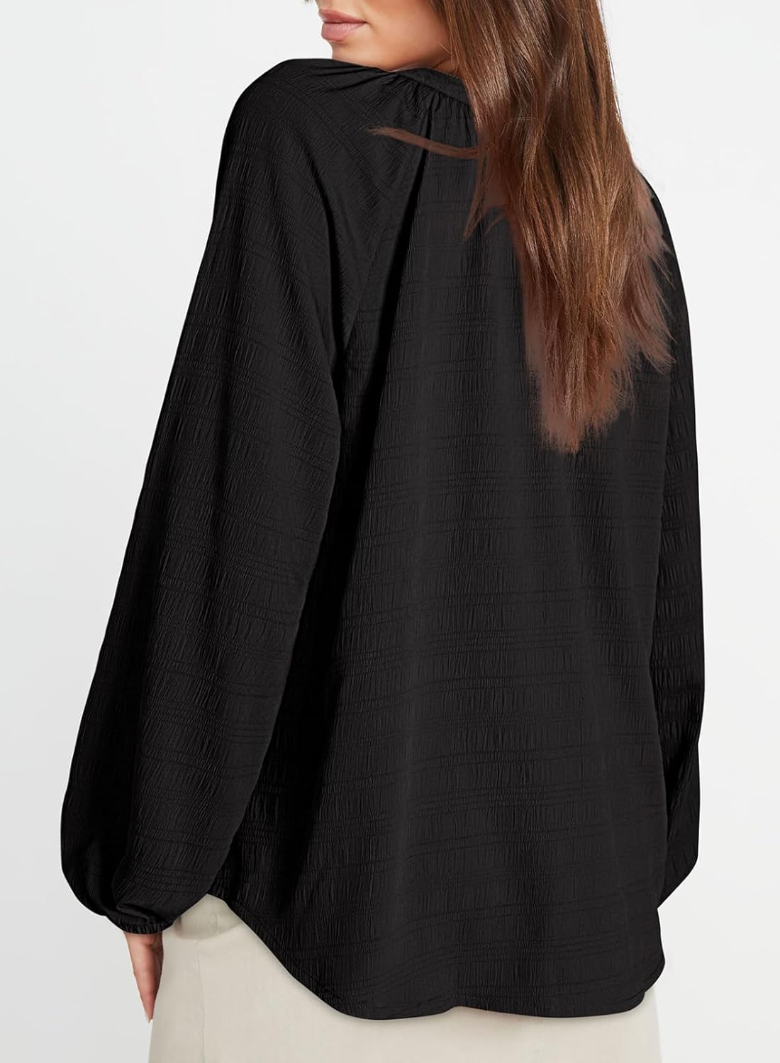 Dokotoo Womens Tops Dressy Casual Lantern Long Sleeve Shirts Spring Outfits Textured Business Blouses V Neck Shirts - Image 5