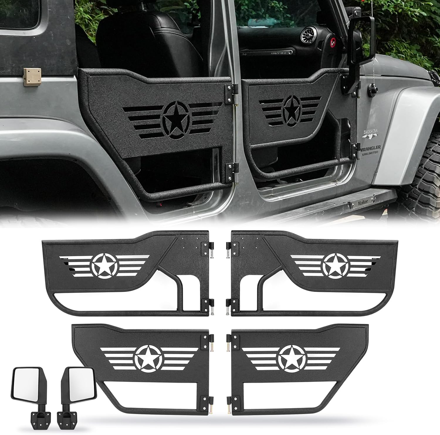 Tube Doors Tubular Half Doors with Side View Mirror Compatible with 2007-2018 Jeep Wrangler JK JKU Unlimited 4-Doors Safari Tubular Off Road Summer Trail Adventure