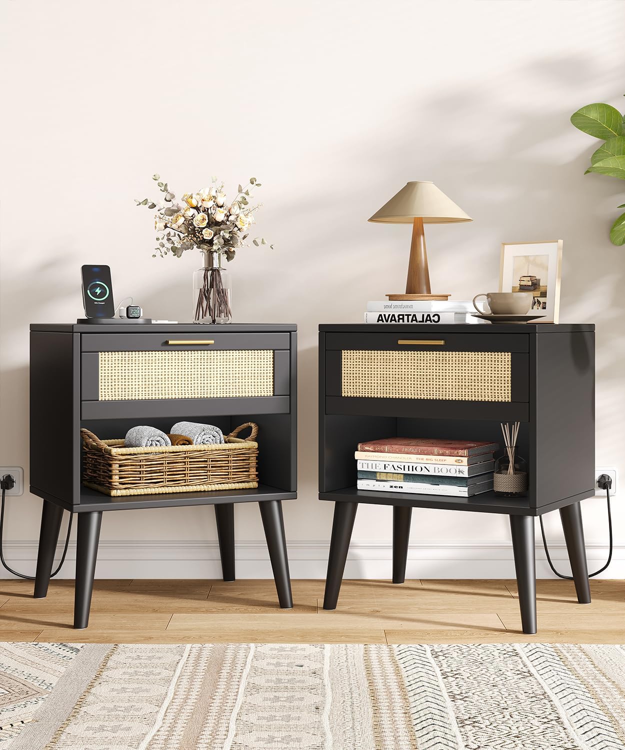Keehusux Rattan Nightstands Set of 2, Night Stands with Charging Station & Drawer, Bedside Tables with Open Storage & Solid Wood Legs, Boho End Side Table for Bedroom, Black and Natural KES07BME02CTG