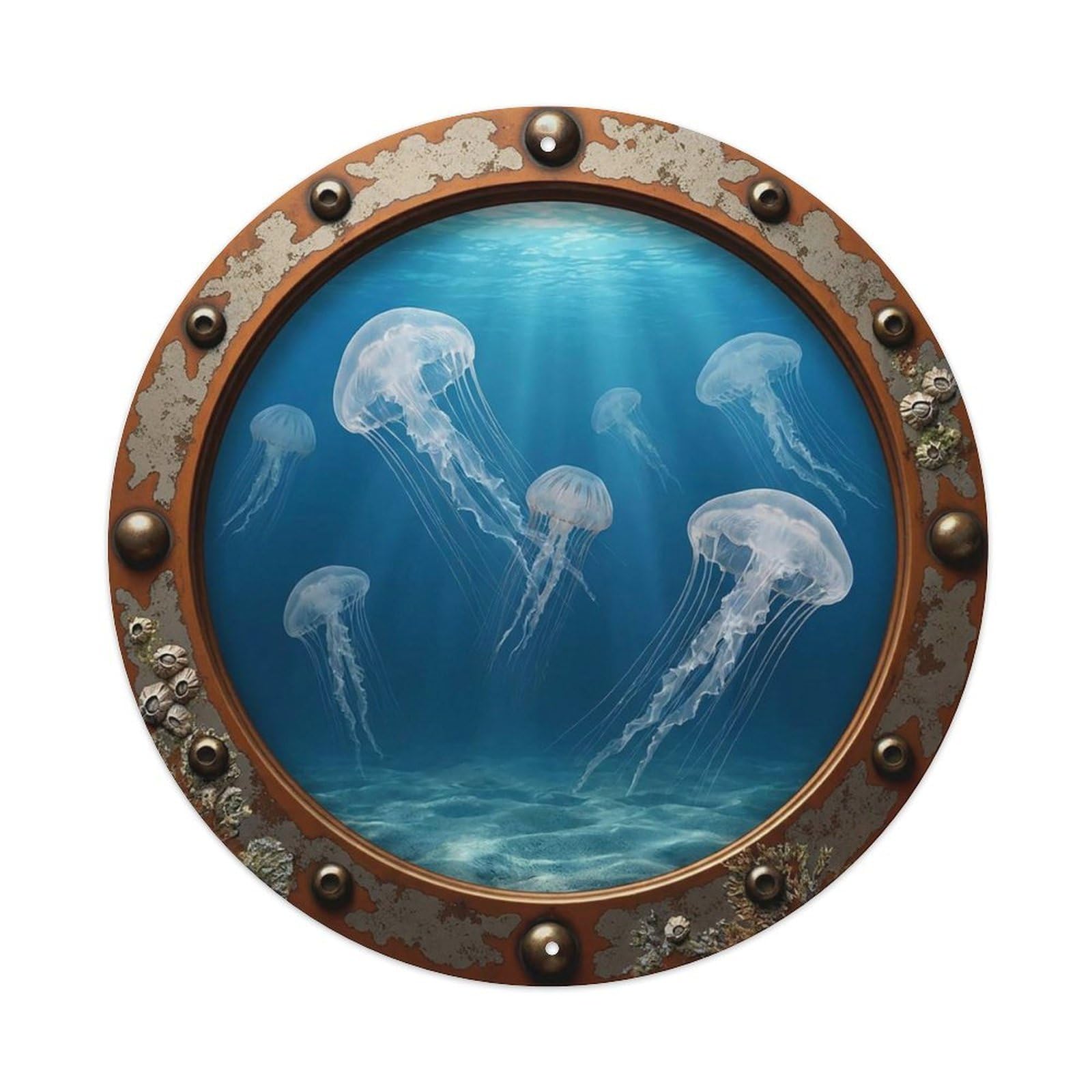 Vintage Porthole Moon Jellyfish Nautical Window View Metal Tin Sign