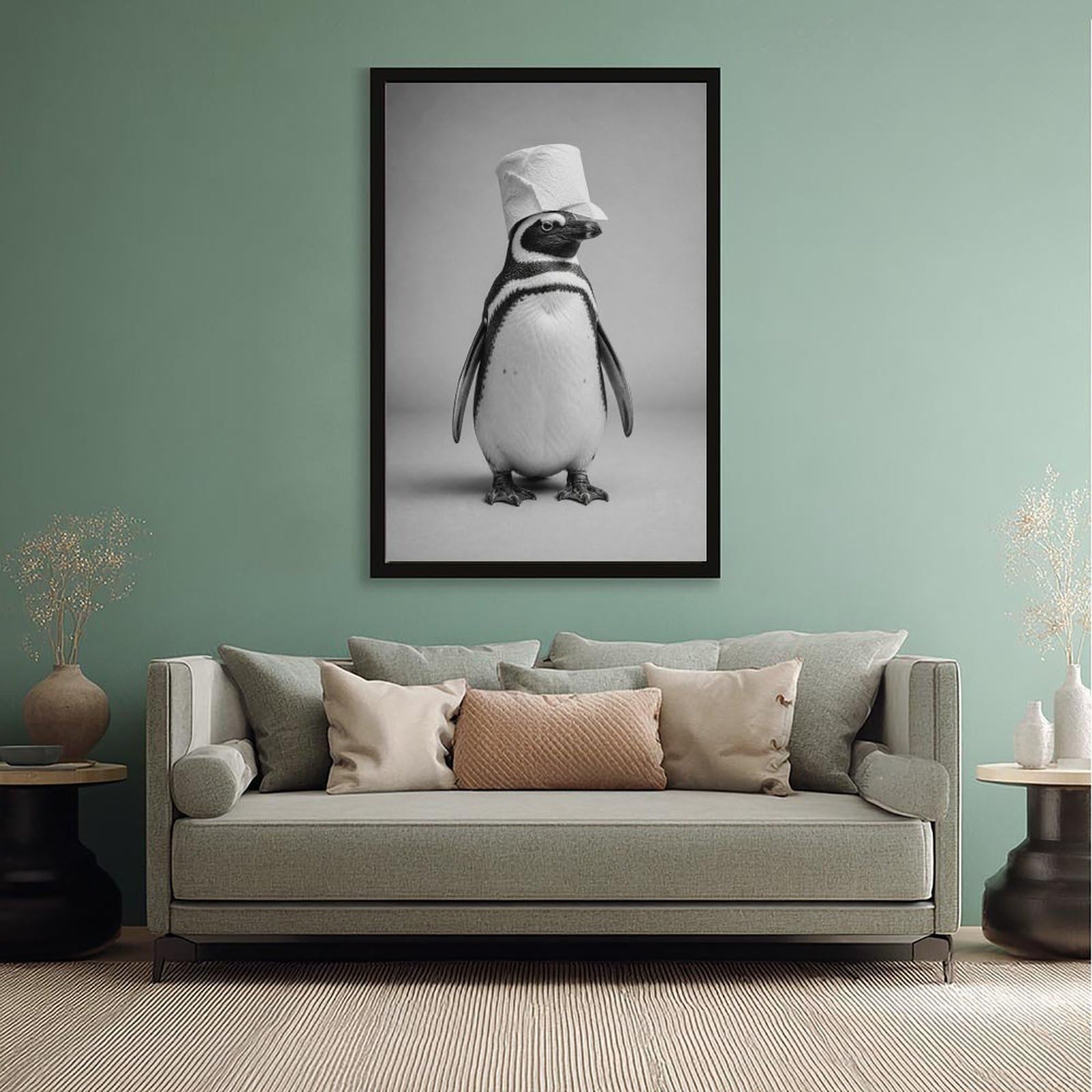 Minimalistischer, einfarbiger Pinguin mit Toilettenpapierhut, schlichter grauer Hintergrund, Leinwand-Kunst-Poster, humorvoll, niedlicher Tier-Porträtdruck, Neuheit, Wanddekoration für Badezimmer