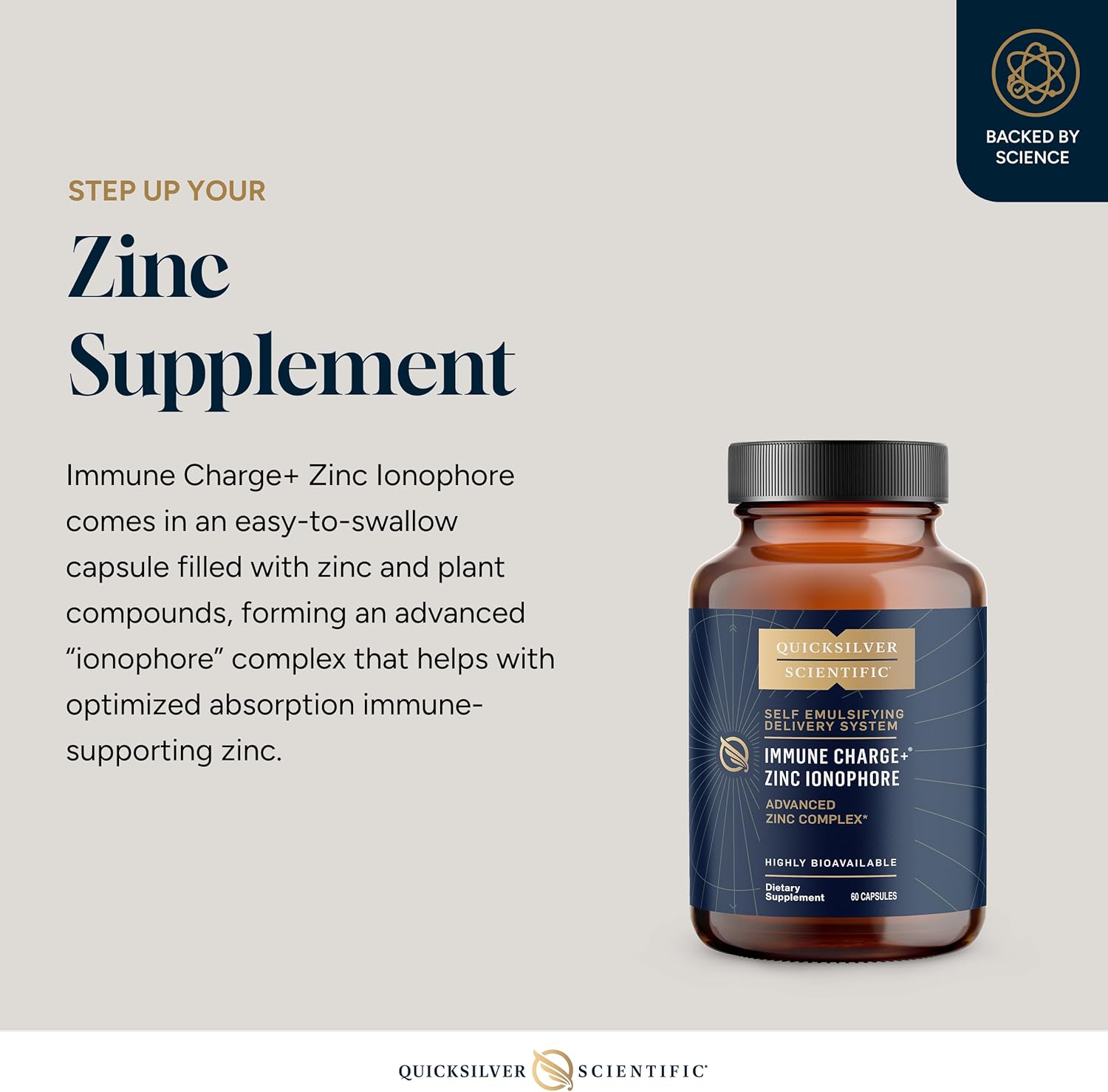 Quicksilver Scientific Immune Charge+ Zinc Ionophore - Zinc Supplement Complexed with Quercetin, Luteolin, Hesperetin Immune + GI Support (60 Capsules)