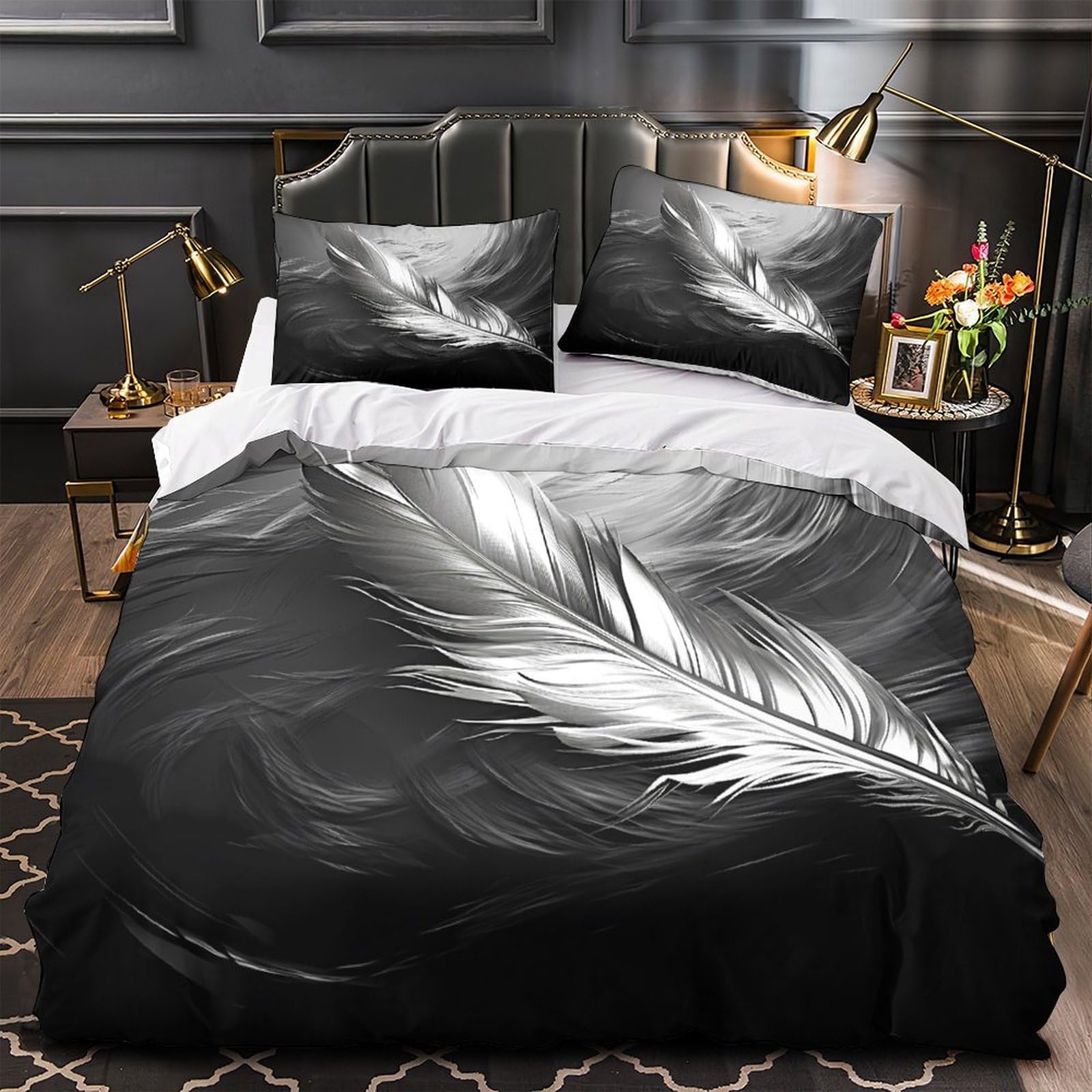Housse de couette plume 3D 135x200 cm avec 2 taies d'oreiller en microfibre pour lit simple
