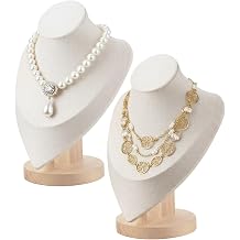 ZILAMGOO 2-Pack Beige Velvet Necklace Display Stand Bust with Bamboo Base