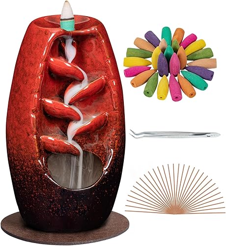 DAILYLIFE Quemador de incienso de reflujo y soporte de incienso de cerámica en cascada, con 120 conos de incienso mixtos + 30 varillas de incienso +