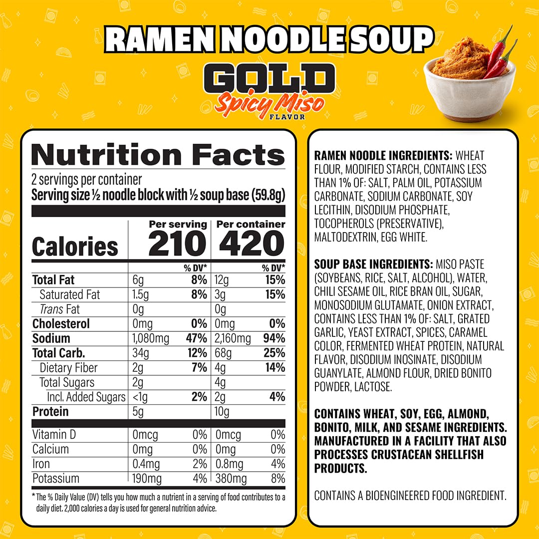 Maruchan Gold Ramen Noodle Soup, Spicy Miso Flavor – Restaurant Quality Japanese-Style Instant Noodles, Quick & Easy Meal – 4.21 Oz. (5 Pack)