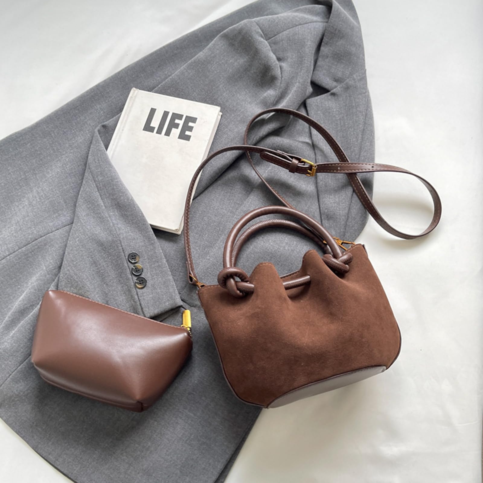 CORIOS Bolsa de Cubo con Cordóne para Mujer PU Cuero Bolso de Mano Impermeable Bolsos de Hombro Pequeña Bolsa Shopper Elegante Bolso Tote Moda Bolso Bandolera Trabajo Viajes Bolso Cruzados Marrón